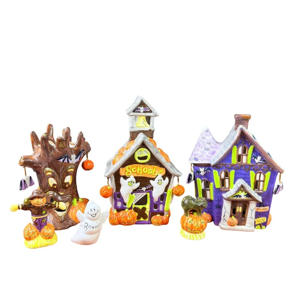 Vintage Halloween Village Set Ceramic JCPenney Haunted House, School 7pc 2003